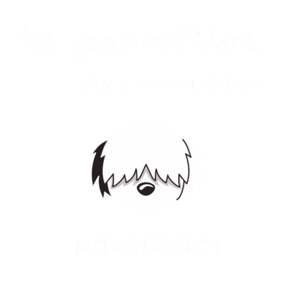 Be pawsitive. Train pawsitively -teksti ja pawsiteamin logo